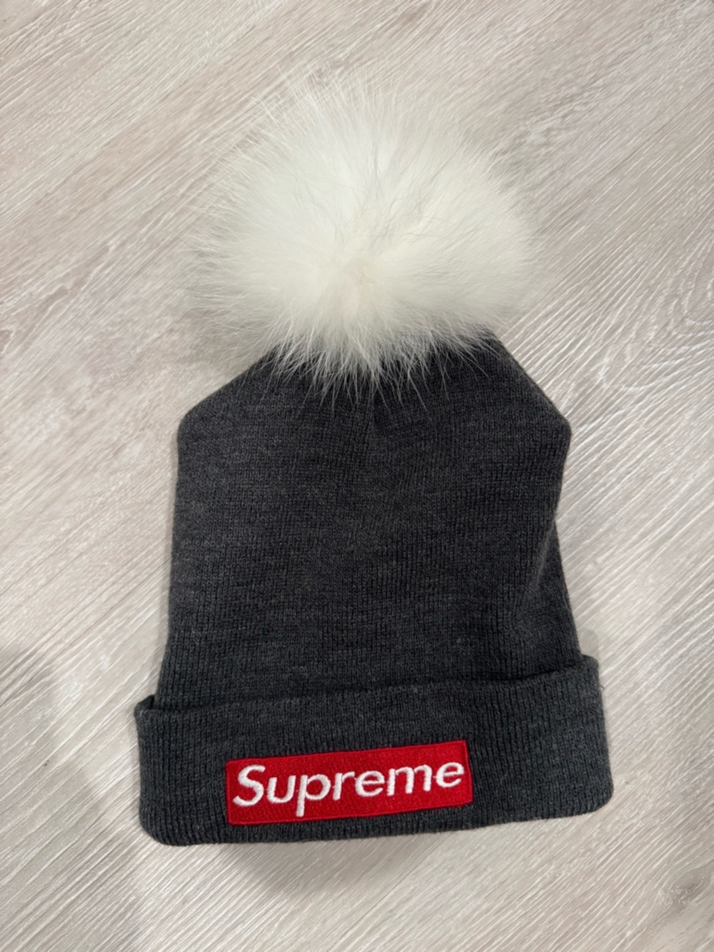 Supreme Charcoal Beanie with White Pom and Red Logo